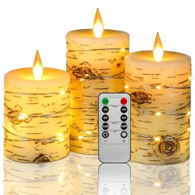 Afbeelding van LED kaarsen, berkeneffect, met ingebedde lichtketting, 8 cm x (10 cm, 12 15 cm), ivoorkleurig, echte was, stompkaarsen dansende vlam, afstandsbediening 10 toetsen (zonder batterij)