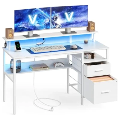 Afbeelding van VASAGLE LWD094W01 Computerbureau met stoffen laden, monitorstandaard, led verlichting, 55 x 135 90 cm, geïntegreerde stopcontacten, 2 USB A poorten, voor thuiskantoor, esdoornwit