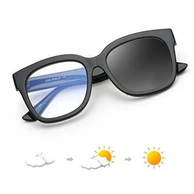 Afbeelding van JIM HALO Blauwlichtbril voor dames Oversized vierkante computerbril CP metalen frame, Zwart/Fotochroom frame (helder grijs)