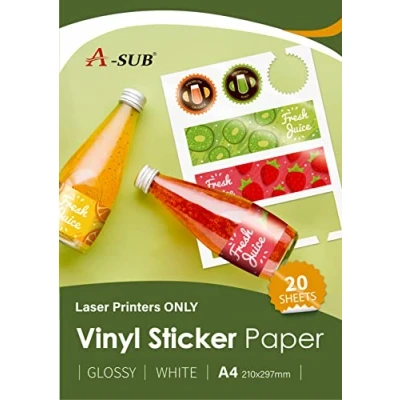 Afbeelding van A SUB Hoogwaardig, bedrukbaar vinylpapier, glanzend, wit, zelfklevend, vinyl etiketten voor laserprinters, A4 formaat, 20 vellen