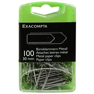 Afbeelding van Exacompta 14746E Doos met 100 brievenclips, paperclips van metaal Bureauaccessoires voor het binden ongeperforeerde documenten Lengte 30 mm Zilverkleurig