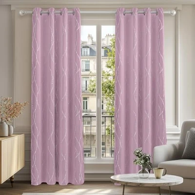 Afbeelding van Deconovo Verduisteringsgordijnen met oogjes, lichtroze isolerende verduisteringsgordijnen, babykamer gordijnen voering, decoratieve voor slaapkamer, 140 x 175 cm (b h), set van 2
