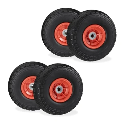 Afbeelding van Relaxdays 4 stuks steekwagenwielen, lekvrij, massief rubber, 4,10/3,50 inch, kunststof velgen, tot 150 kg, 260 x 85 mm, zwart/rood