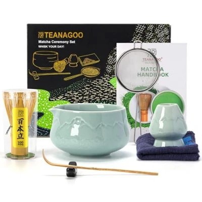 Afbeelding van TEANAGOO Set van 7 Japanse matcha gardes (7 stuks) kom met schenktuit, garde bamboe (chasen), lepel (chashaku), gardehouder, N36, celadonblauw