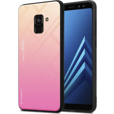 Afbeelding van Cadorabo Hoesje geschikt voor Samsung Galaxy A8 2018 in GEEL ROZE Tweekleurige beschermhoes van TPU silicone Case Cover en achterzijde gehard glas