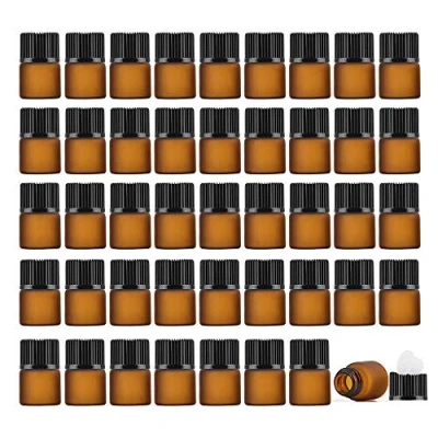 Afbeelding van Enslz Set van 50 lege mini flessen amberglas, navulbaar, voor etherische oliën, bruin, 1 ml, Bruin