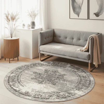 Afbeelding van Hanse Home Lydia Tapis à poils courts, rond, style oriental, classique, doux, design pour salon, chambre coucher, salle manger, couloir Gris crème, diamètre 120 cm