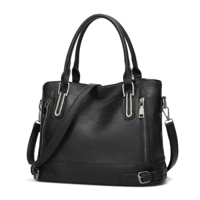 Afbeelding van Dameshandtas van leer, hengseltas, vintage tas met handvatten, zachte schoudertas voor vrouwen, zwart, F