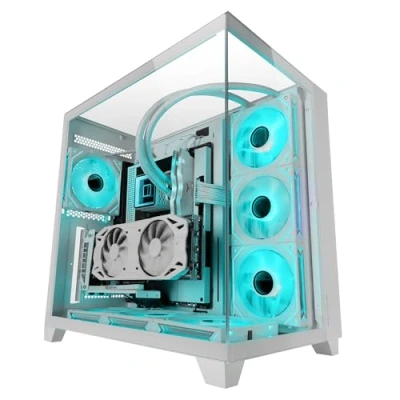 Afbeelding van MARSGAMING MC 3C, ATX gaming behuizing, 3D panoramisch zicht met drievoudig gehard glas, ontwerp dubbele zijkamer, volledige ondersteuning voor vloeistofkoeling, halftoren pc kabelbeheer, wit