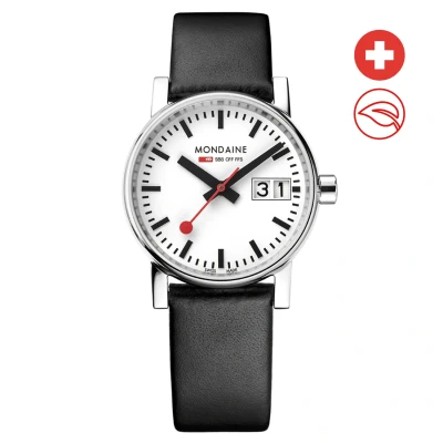 Afbeelding van Mondaine MSE.30210.LB Evo2 Dames Horloge Stationsklok Saffierglas Roestvrijstaal/Leer Wit/Zilver/Zwart Ø 30 mm Quartz Gesp