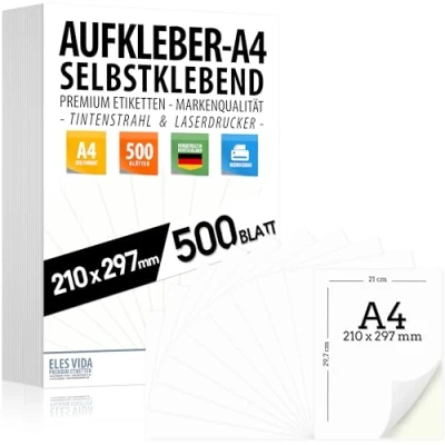 Afbeelding van 500 zelfklevende etiketten DIN A4, 210 x 297 mm, universele druk, mat wit oppervlak, compatibel met inkjet en laserprinters, ideaal voor veelzijdige toepassingen