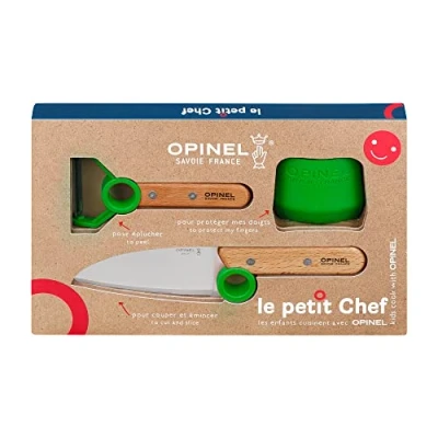 Image de Opinel Coffret de Cuisine pour Enfant Le Petit Chef Couteau, Éplucheur &amp; Guide Coupe Anneau Pédagogique Lame Arrondie Fabrication Française
