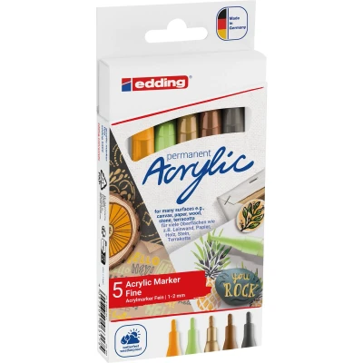 Afbeelding van edding 5300 acrylverf stiften 5 natuur kleuren acryl ronde punt 1 2 mm pastelgroen, zonnegeel mat, hazelnoot rijkgoud antraciet mat Watervaste inkt