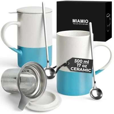 Afbeelding van MIAMIO 2 x 500 ml theekopjesset met theezeef en deksel/keramische theemok lepel voor het zetten van bladthee, cadeaus (blauw)