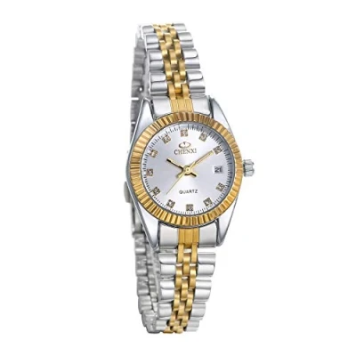 Afbeelding van JewelryWe Paar horloges analoog kwarts kalender 30M waterdicht partner polshorloge roestvrij staal armband heren dames met strass wijzerplaat, zilver (dames)., Kerstmis, verjaardag