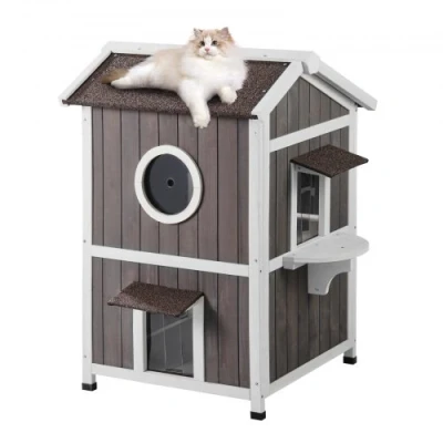 Image de VEVOR Maison Cabane pour Chat Extérieur Bois Abri 2 Étages Toit Porte Rabattable