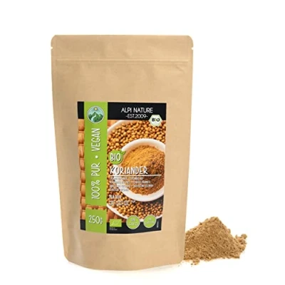 Afbeelding van gemalen biologische koriander (250 g), biologisch korianderpoeder, korianderzaad, uit gecertificeerde teelt, laboratoriumgetest