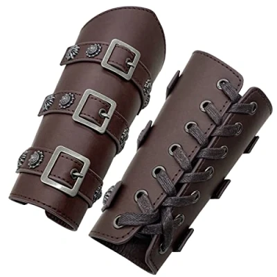 Afbeelding van HiiFeuer Middeleeuwse armbanden van PU leer met gesp, armbeschermers Knight LARP Retro Renaissance, één maat, Donkerbruin