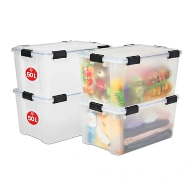 Afbeelding van IRIS OHYAMA set van 4, luchtdichte opbergbakken, 50 L, met 6 clips, stapelbaar, garage, kelder, zolder Air Tight AT L 4 x Transparant