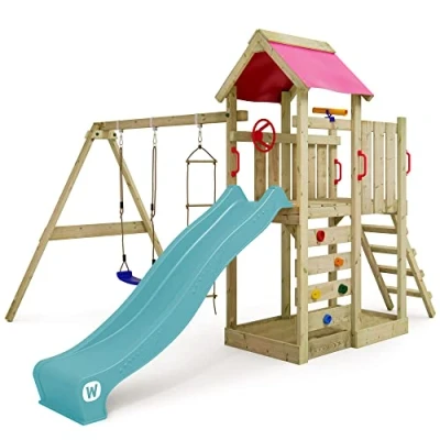 Afbeelding van WICKEY speeltoestel klimtoestel MultiFlyer met schommel en turquoise glijbaan, outdoor kinderspeeltoestel zandbak, ladder &amp; speelaccessoires voor de tuin
