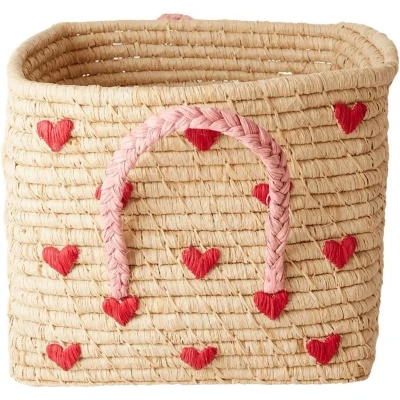 Afbeelding van Rice Small Square Raffia Basket with Handles Hearts