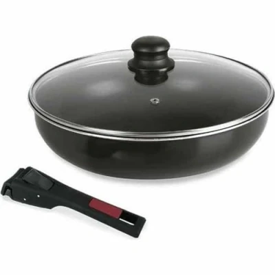 Afbeelding van Sitram 712380 Agile stoofpan 28 cm aluminium zwarte coating anti aanbaklaag zonder PFOA afneembare handgreep om vast te klikken glazen deksel voor alle warmtebronnen inclusief inductie, 3 liter,