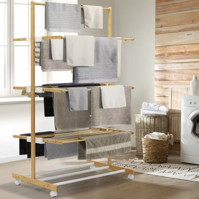 Image de Séchoir à linge bambou RITA 3 niveaux étendoir pliable H.150 cm