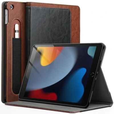 Afbeelding van JETech Beschermhoes voor iPad 10,2 inch, 9e / 8e 7e generatie (2021/2020/2019) met penhouder, multi hoek beschermhoes, zachte TPU, automatische wekker/slaapstand (zwart/bruin)