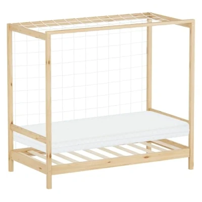 Afbeelding van Kinderbed voetbaldoel 80x160 cm naturel grenenhout incl. matras H 10cm Houten bed met lattenbodem &amp; doelnet ML design