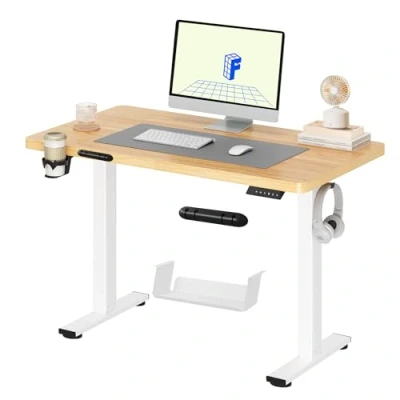 Afbeelding van FLEXISPOT Lite Elektrisch Zit/Sta Bureau In Hoogte Verstelbaar Sta met Bekerhouder en Haken, Toetsenbordpaneel Geheugenfuncties 110 x 60 cm (Wit Frame + Esdoorn Blad)