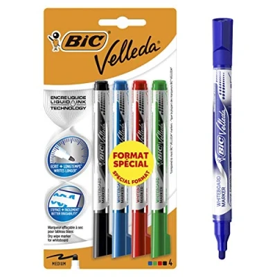 Afbeelding van BIC Velleda viltstiften voor whiteboards, droog uitwisbaar, brede kegelvormige punt, verschillende kleuren, blisterverpakking in speciale maat, 4 stuks