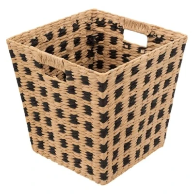 Afbeelding van Gevlochten rieten opbergmand vierkant beige/zwart 31x31x31 cm Kast /badkamer mandjes