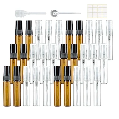 Afbeelding van 30 stuks lege parfumverstuivers van 5 ml Kleine glazen spuitfles om te vullen Mini pompzakken Navulbaar Voor reizen Helder barnsteen Met pipetten Hoofd