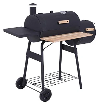 Afbeelding van Outsunny Houtskoolgrill BBQ Grill Smoker op standaard met deksel, wielen, thermometer, planken, koudgewalst staal, zwart