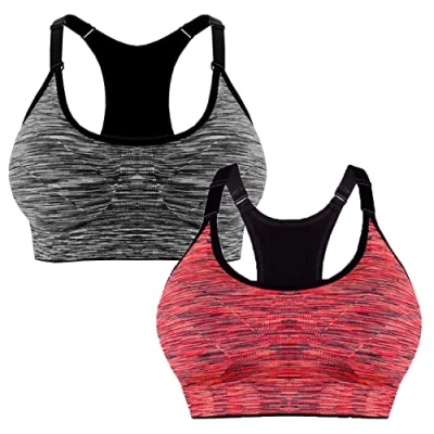 Afbeelding van Libella Set van 3 sportbeha, bustier voor dames, comfortabele beha, ritssluiting, gevoerde push up, ondersteuning, verstelbare bandjes, zonder beugel, yoga, fitness, Pack 2 donkergrijs+oranje, S M