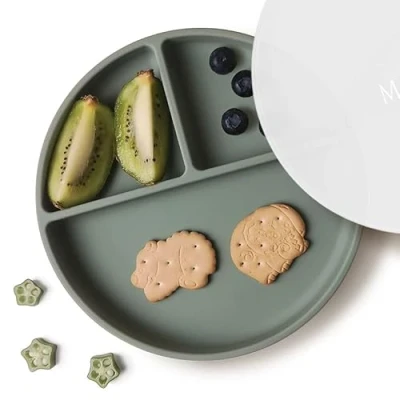 Afbeelding van Moonkie Zuigborden voor baby&#039;s en peuters, scheidingsborden van BPA vrije siliconen met deksel, magnetron vaatwasmachinebestendig (salie)