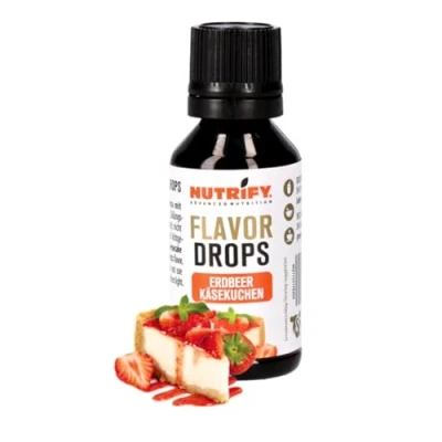 Afbeelding van NUTRIFY Advanced Nutrition Strawberry Cheesecake Flavor Drops 30 ml Aromatische druppels met aardbeiensmaak en aardbeienkaastaart, aardbeientaartaroma, calorievrij, suikervrij, vetvrij, veganistisch,
