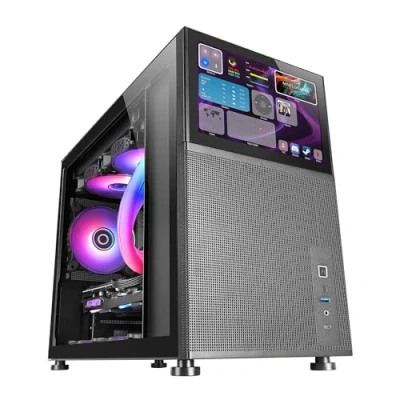 Afbeelding van Mars Gaming MC LCD Compacte micro ATX pc behuizing, 8 inch IPS display, zijrooster, boven en voorkant, zijvenster van gehard glas, mini speeltoren met modulair paneel, zwart
