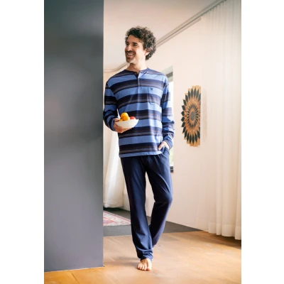 Afbeelding van Gestreepte blauwe herenpyjama van Hajo Blauw Maat 58