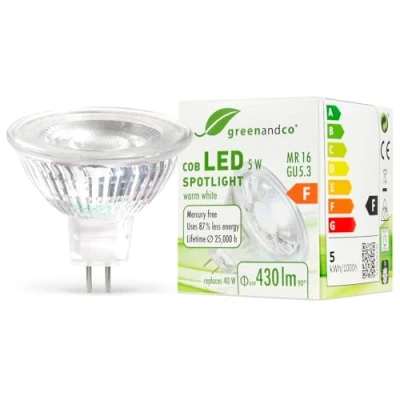 Afbeelding van greenandco® Led spot, MR16, GU5.3, 5 W, komt overeen met 40 430 lm, 3000 K, warmwit, COB Led, 38 graden, 12 V AC/DC, niet dimbaar