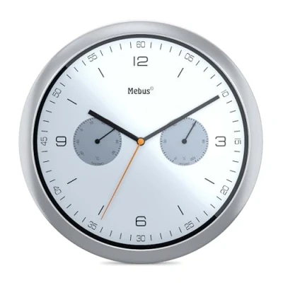 Afbeelding van MEBUS Modern kwartsuurwerk met temperatuurweergave en luchtvochtigheid, diameter 26 cm, woonkamer, keuken, rond/model: 16102 / kleur: zilver