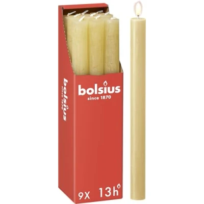 Afbeelding van Bolsius De set van 9 rustieke kaarsen Beige 27 x 2,3 cm Brandlengte 13 uur Geurloos Bevat natuurlijke plantaardige was Zonder palmolie