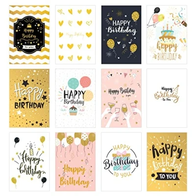 Afbeelding van Edition Seidel 12 hoogwaardige verjaardagskaarten met gouden reliëf en enveloppen, voor mannen vrouwen, Happy Birthday kaarten