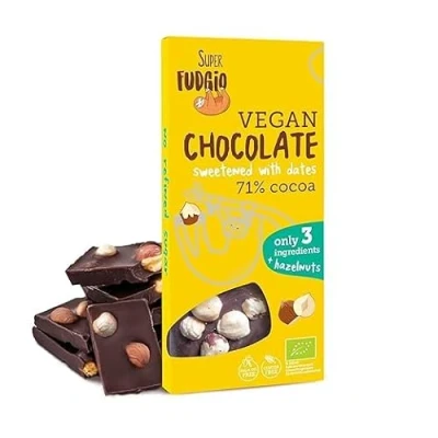 Afbeelding van SUPER FUDGiO biologische veganistische chocolade op basis van natuurlijke ingrediënten, gezoet met dadels in plaats suiker, glutenvrij en veganistisch, 80 g (dadel hazelnoot, 1)