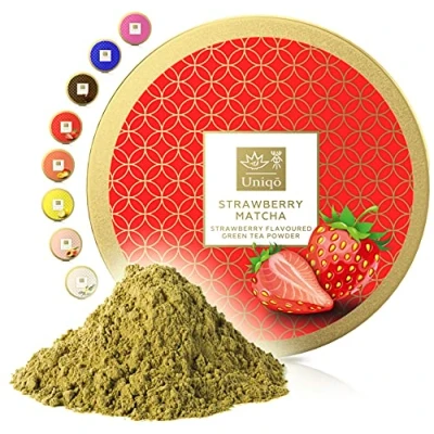 Image de Tea Uniqo Matcha fraise en poudre pour glace, latte, milkshake, pâtisserie, cuisine ou à boire seul Thé vert goût fraise, 100 % naturel, dans une boîte refermable