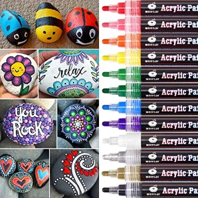 Afbeelding van Markers voor acrylverf, waterdicht, marker steenschilderen, stenen, keramiek, porselein, glas, pebbles, stof, hout, kinderen, knutselen, canvas met omkeerbare punt (12 stuks)