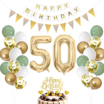 Afbeelding van Decoratieve ballon 50e verjaardag saliegroen, man vrouw groen wit goud in de vorm van een cijfer 50 jaar, verjaardagstaartdecoratie voor