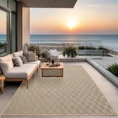 Afbeelding van Jute look vloerkleed voor binnen en buiten 140x200 cm Rechthoek Laagpolig natuurlijke tuin, balkon, terras of indoor kleed buitentapijt tuintapijt KANSAS by The Carpet