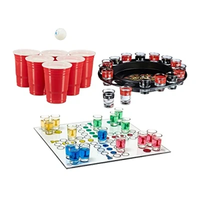 Afbeelding van Set van 3 spelletjes alcohol voor volwassenen, Ludo, roulette, Beer Pong, verjaardag, meisjesavond, mannen, schnaps, vanaf 18 jaar