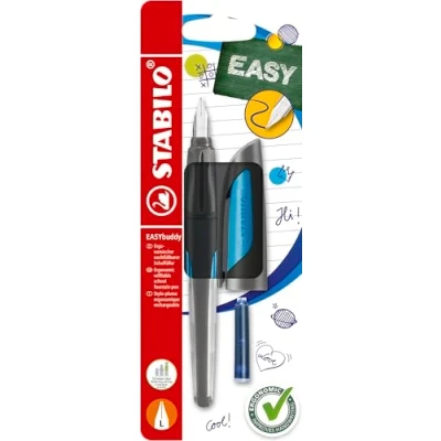 Afbeelding van STABILO EASYbuddy vulpen voor linkshandigen, maat L, zwart/hemelsblauw, enkele pen, blauw (afwisbaar) inclusief patroon